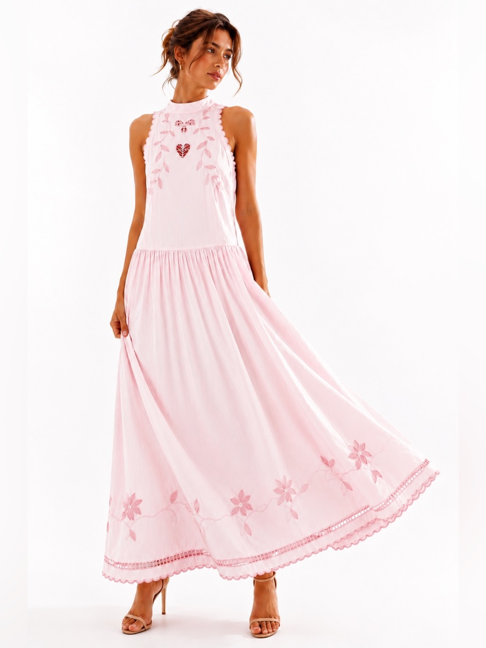 Stella Nova Embroidery Anglaise Pink Organic Cotton Maxi Dress XS